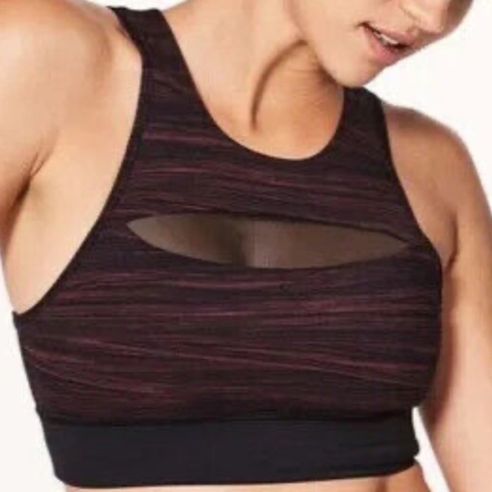 lululemon athletica Black with Pink-Red Stripes High-Neck Sports Bra Size 12
